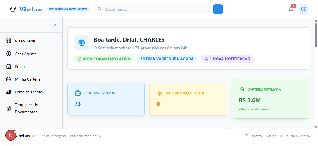 Dashboard VibeLaw - Monitoramento de processos com IA